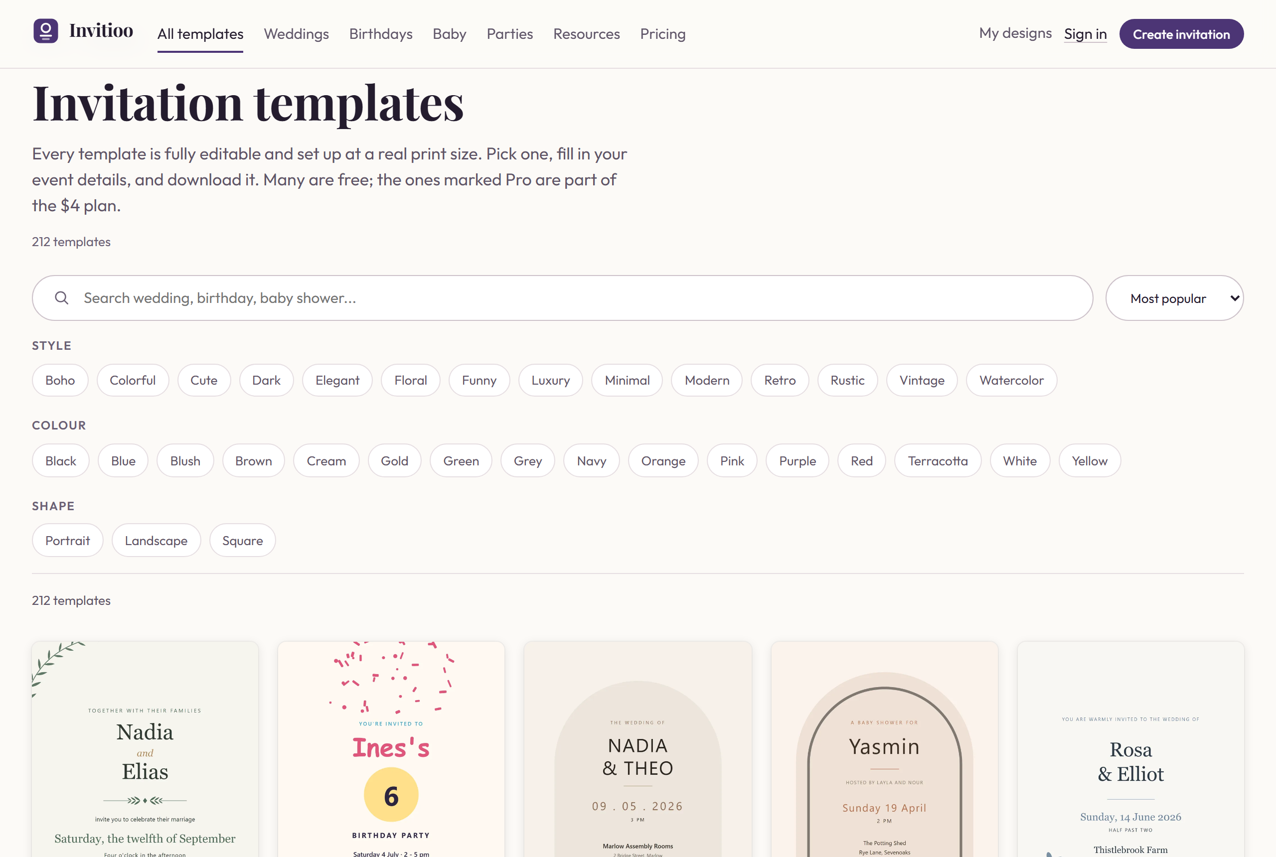 The template library, showing a grid of invitation designs with filters for occasion, style and colour.