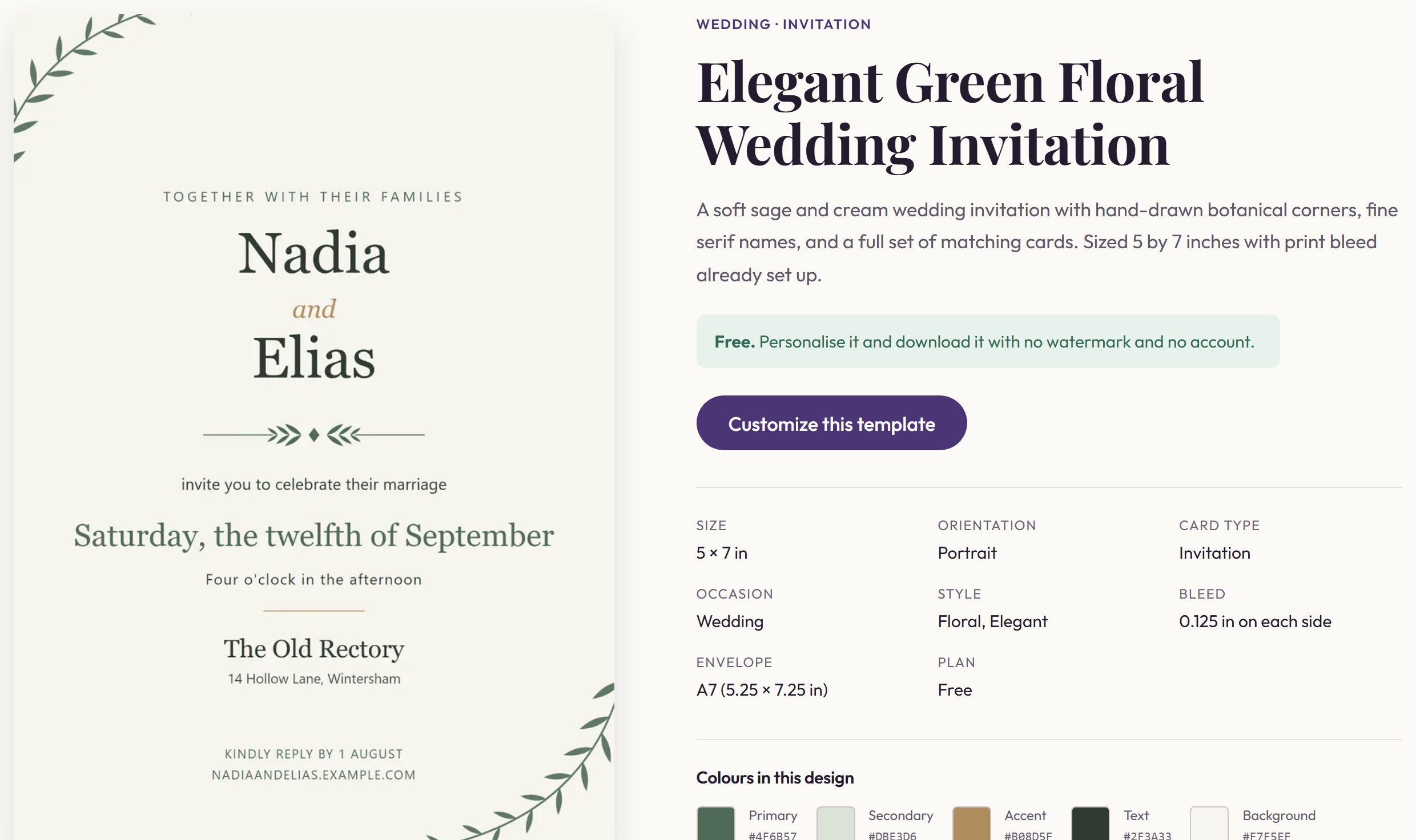 A template's own page, showing a large preview, its size and envelope, and a button to customise it.