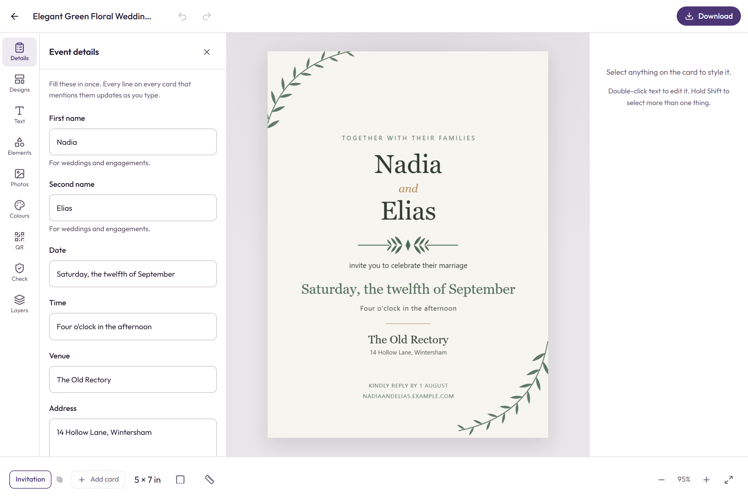 The full editor: tools down the left, the details panel, the card in the middle, and the download button top right.