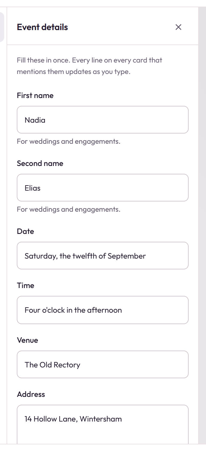 The Event details panel with fields for names, date, time, venue and address.