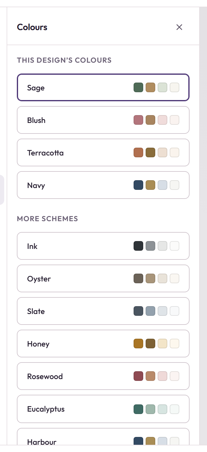 The Colours panel showing alternative palettes and individual colour slots.