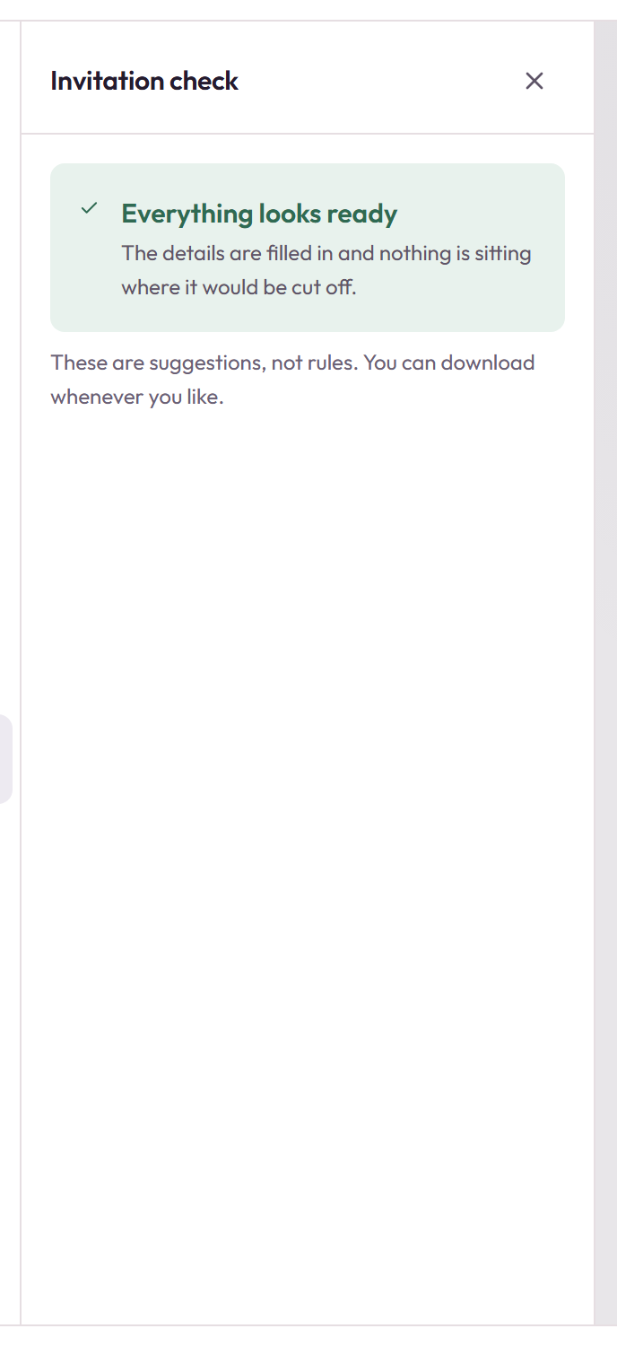 The invitation check panel listing what has passed and what still needs attention.