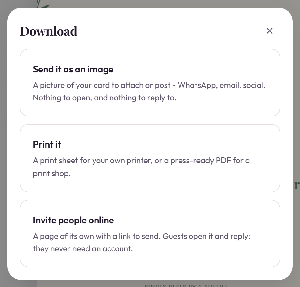 The download dialog asking whether the invitation is being sent as an image, printed, or published online.