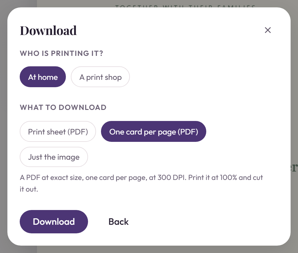 The print options, with a choice between printing at home and using a print shop.