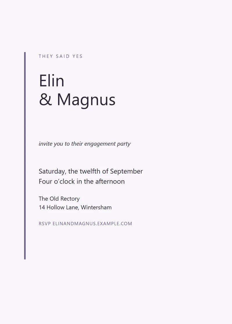 Lavender Editorial Engagement Invitation - a modern invitation design